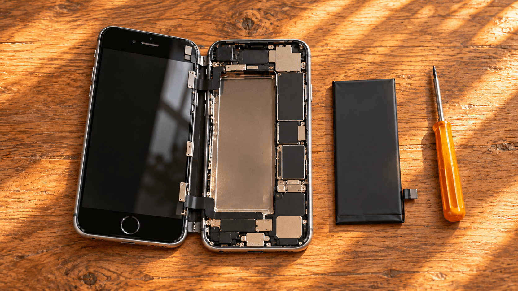 古いiPhoneの背面を開き、小さなバッテリーと精密ドライバーを机に置いたイメージ
