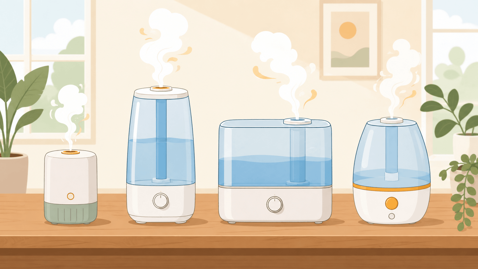 方式の異なる4台の加湿器を並べて比較しているイラスト