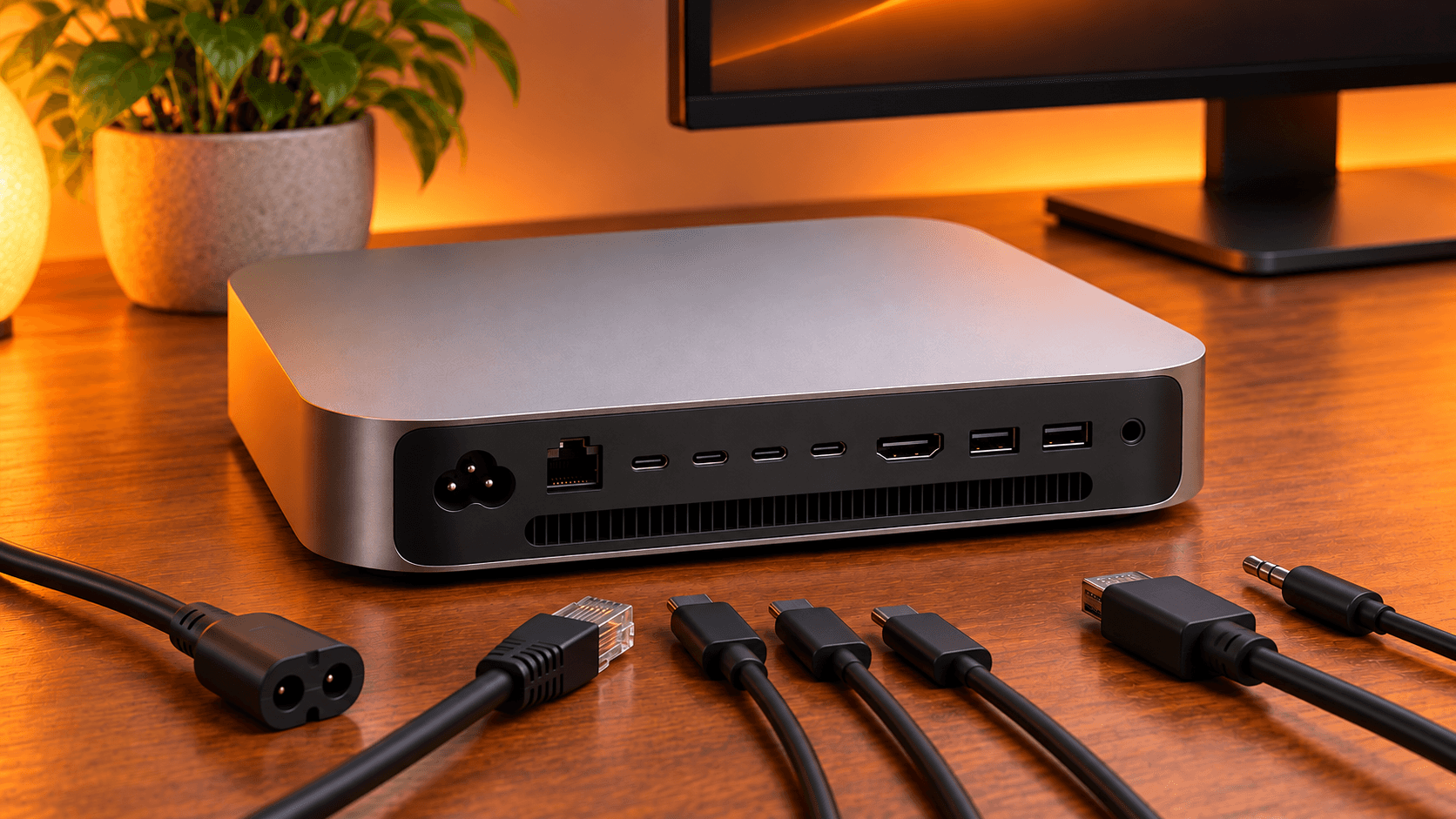 Mac miniの背面にポートが並び、ケーブルが接続されているイメージ