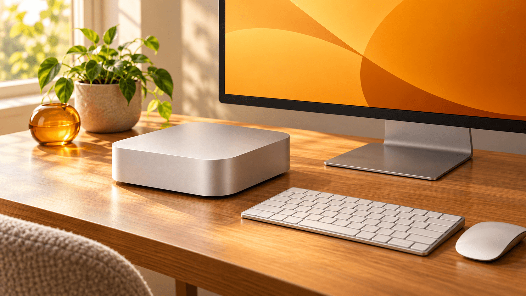 机の上に置かれたMac mini、モニター、キーボード、マウス