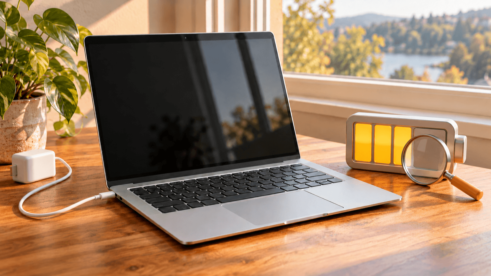 ノートパソコンと充電ケーブル、バッテリーを表すインジケーターと虫眼鏡