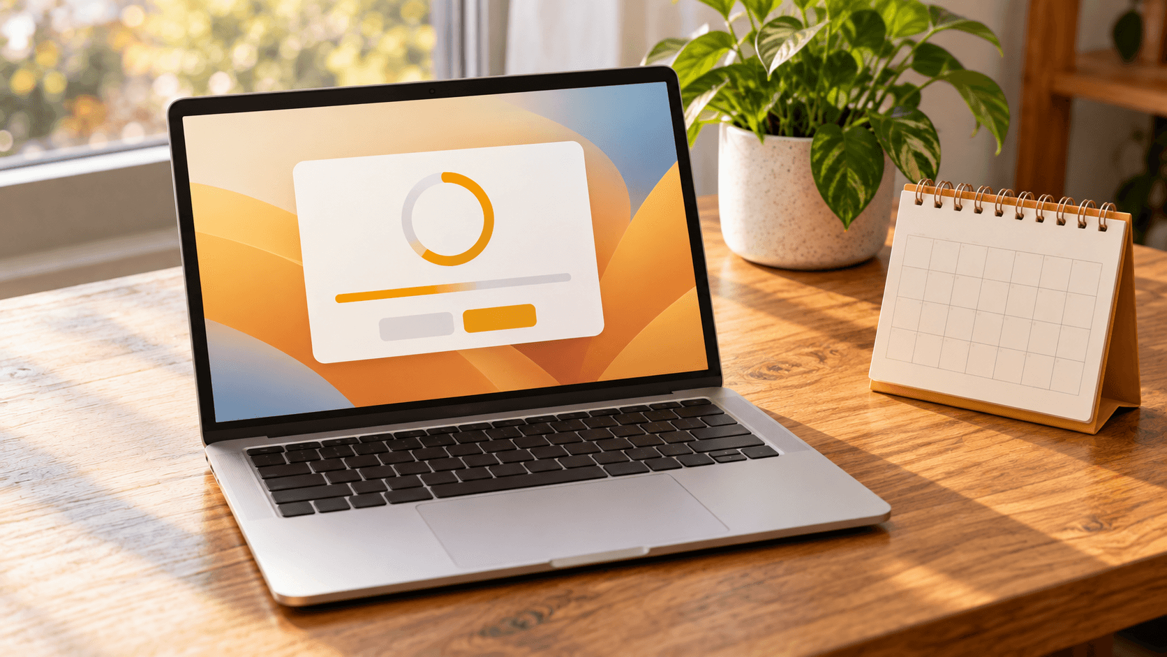 MacBook Airの対応OSを確認するノートパソコンとカレンダーのイメージ