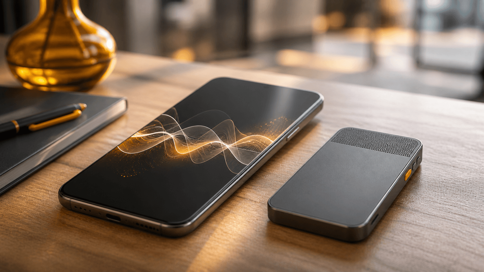 スマートフォンの音声波形とAIボイスレコーダー本体を並べたイメージ