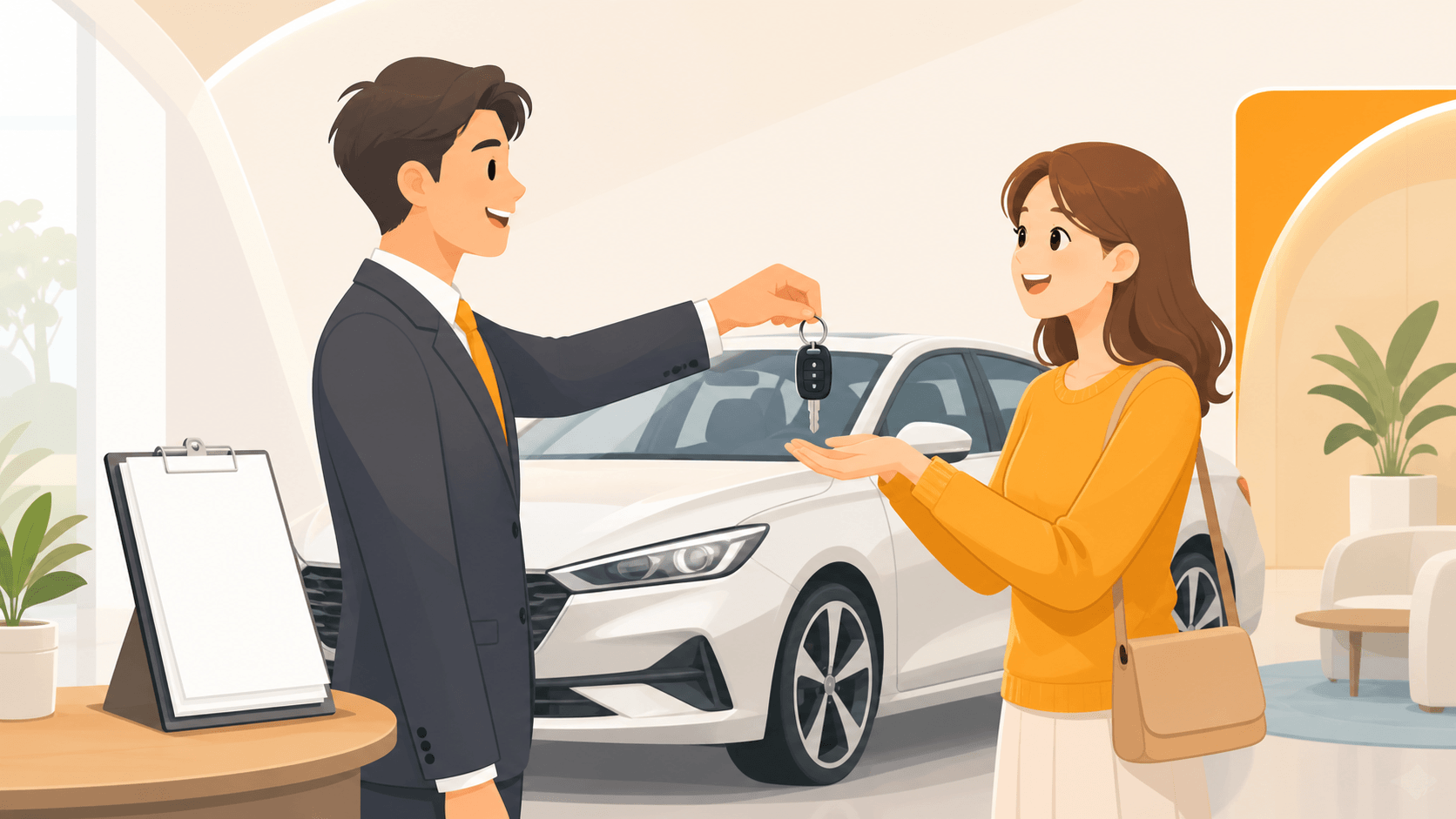 カーディーラーで新車のキーを受け取る利用者のイメージ