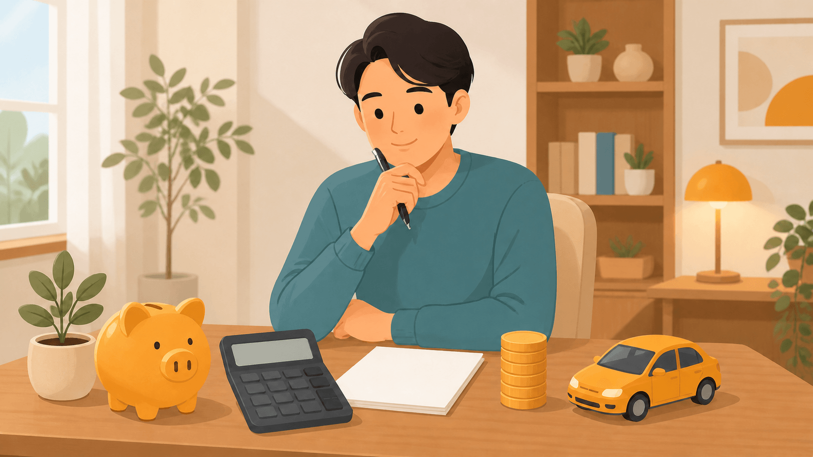 電卓と貯金箱で車の総額を試算するイメージイラスト