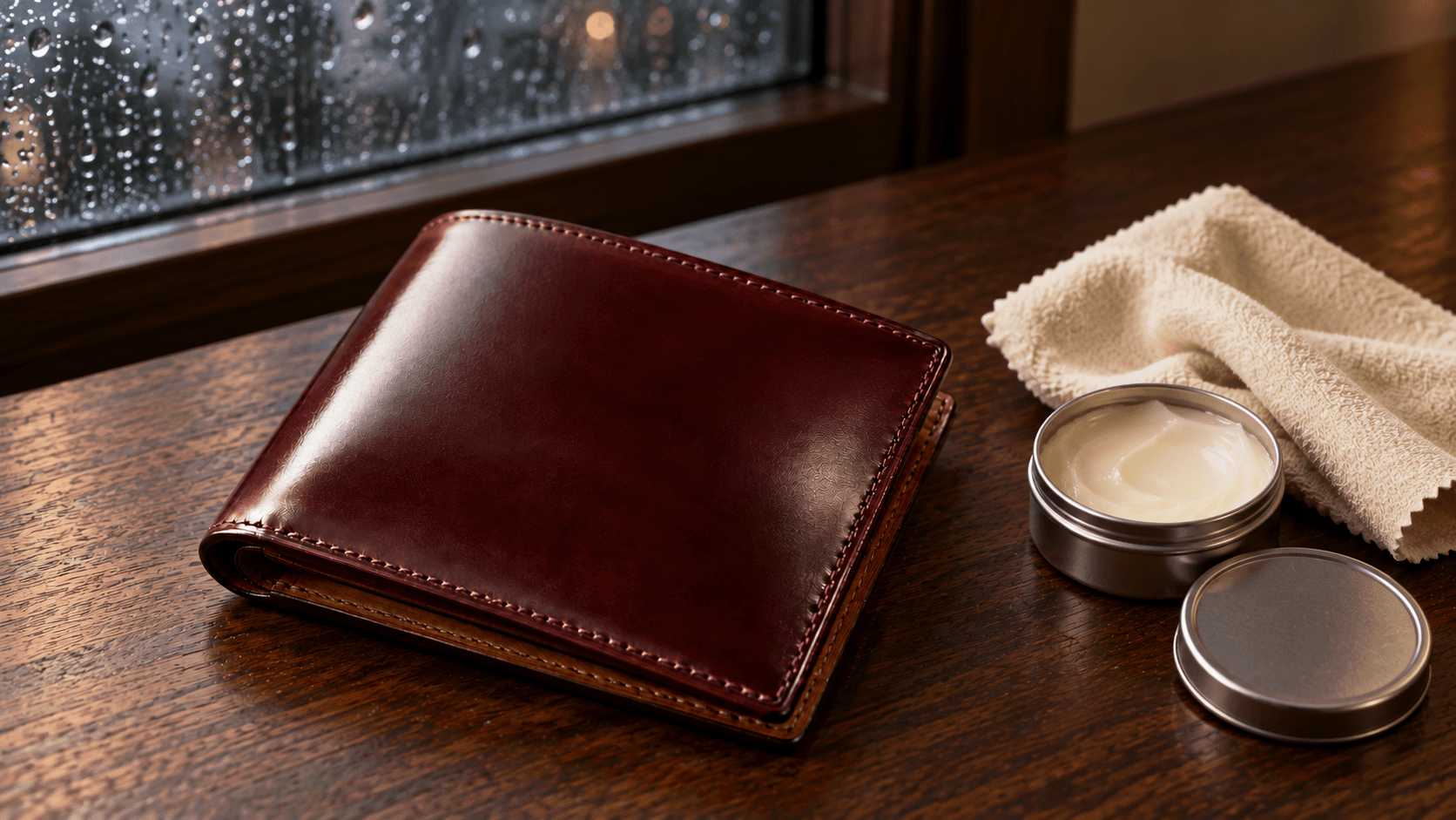 雨の日の窓辺に置かれたコードバンの財布と、お手入れ用のクリームと布