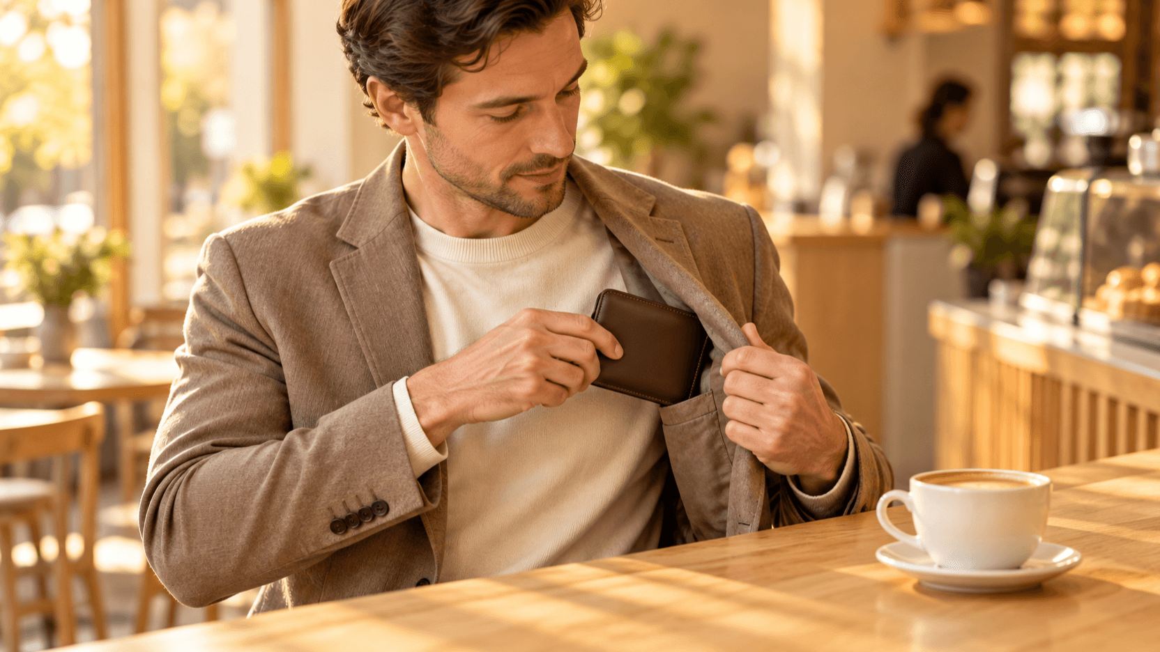 ジャケットの内ポケットから濃い茶色の革の二つ折り財布を取り出す30代の男性
