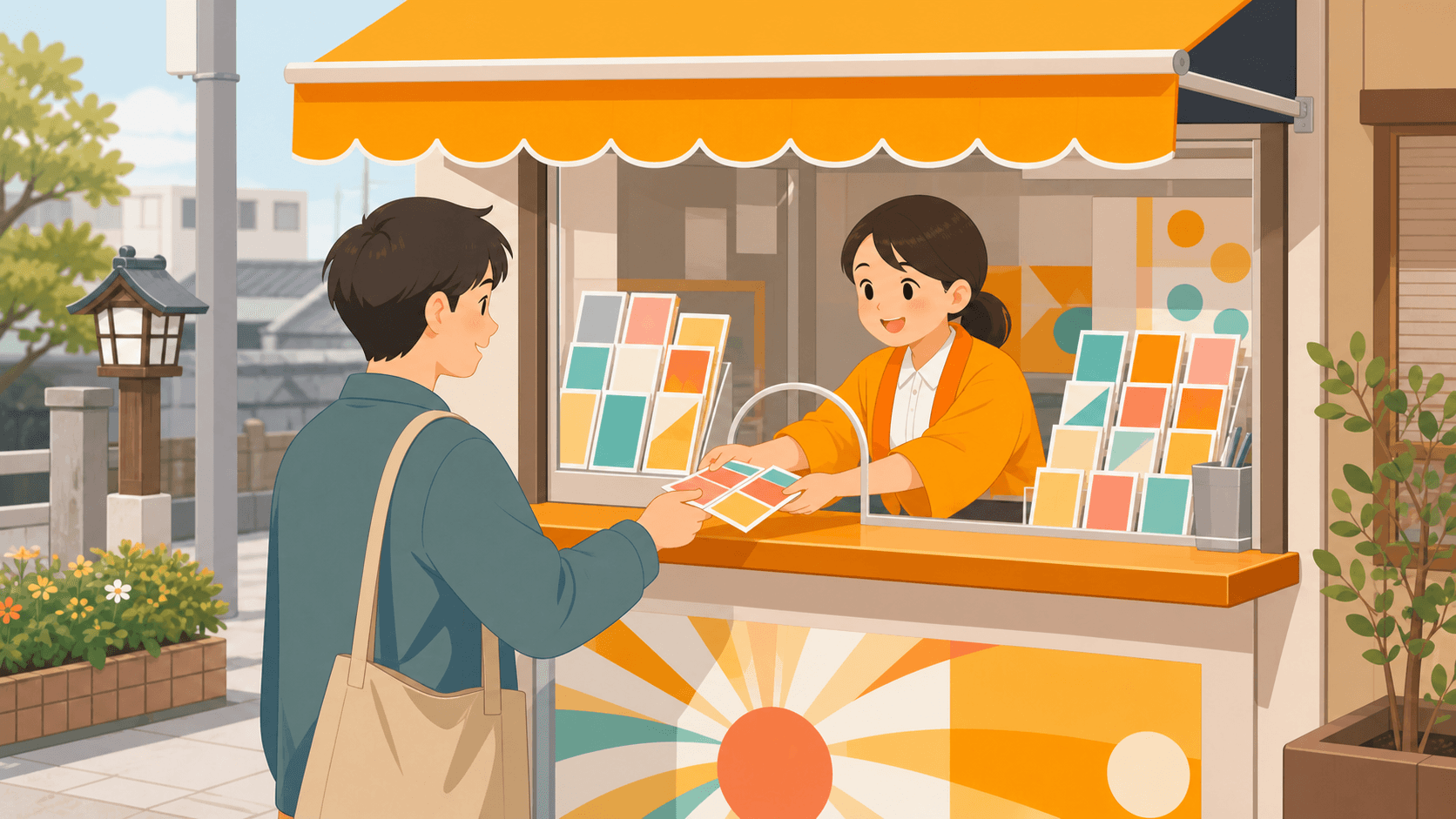 宝くじ売り場の窓口でスタッフから宝くじを受け取るイラスト