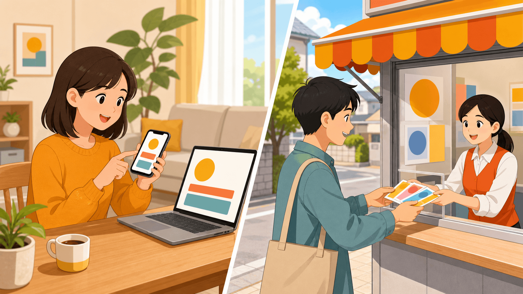 スマートフォンでのネット購入と宝くじ売り場での購入を対比したイラスト