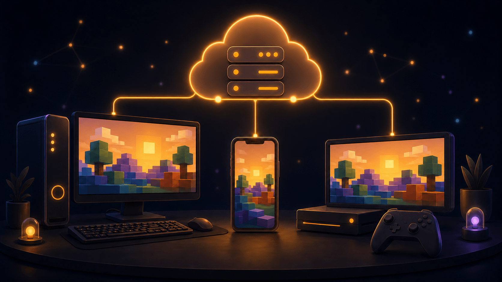 PC・スマホ・ゲーム機が一つのサーバーにつながっているイメージ