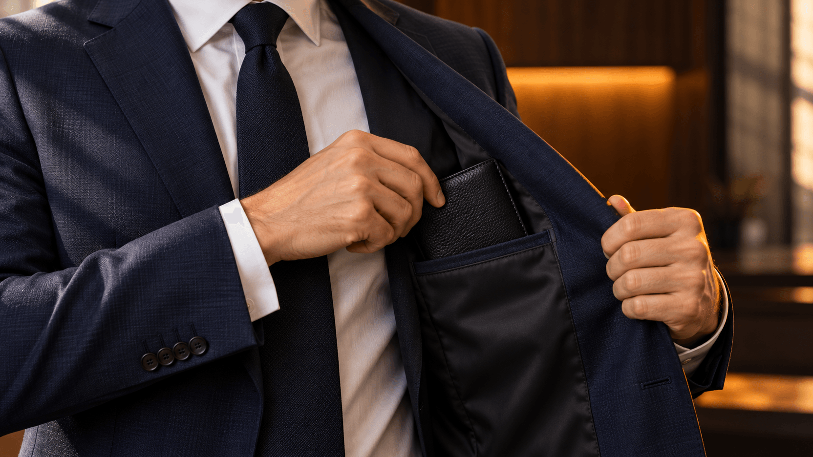 モンブランのような黒い革財布を紺のスーツの内ポケットに入れる男性