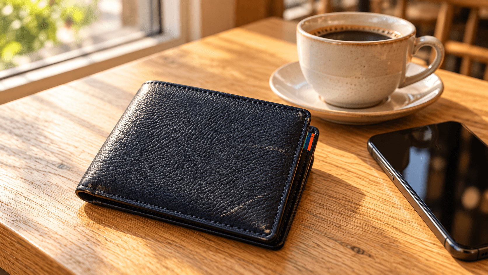カフェのテーブルで使われる、表面に小さな擦り傷のある黒い革財布