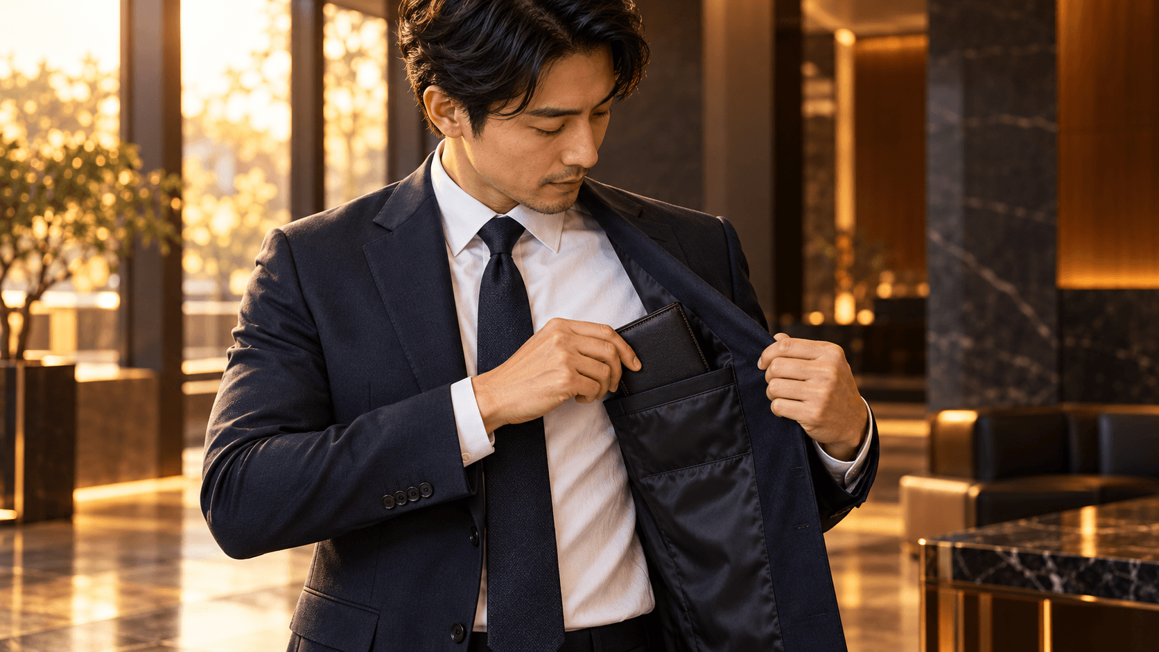 ペッレモルビダのような黒い革財布をスーツの内ポケットにしまう男性