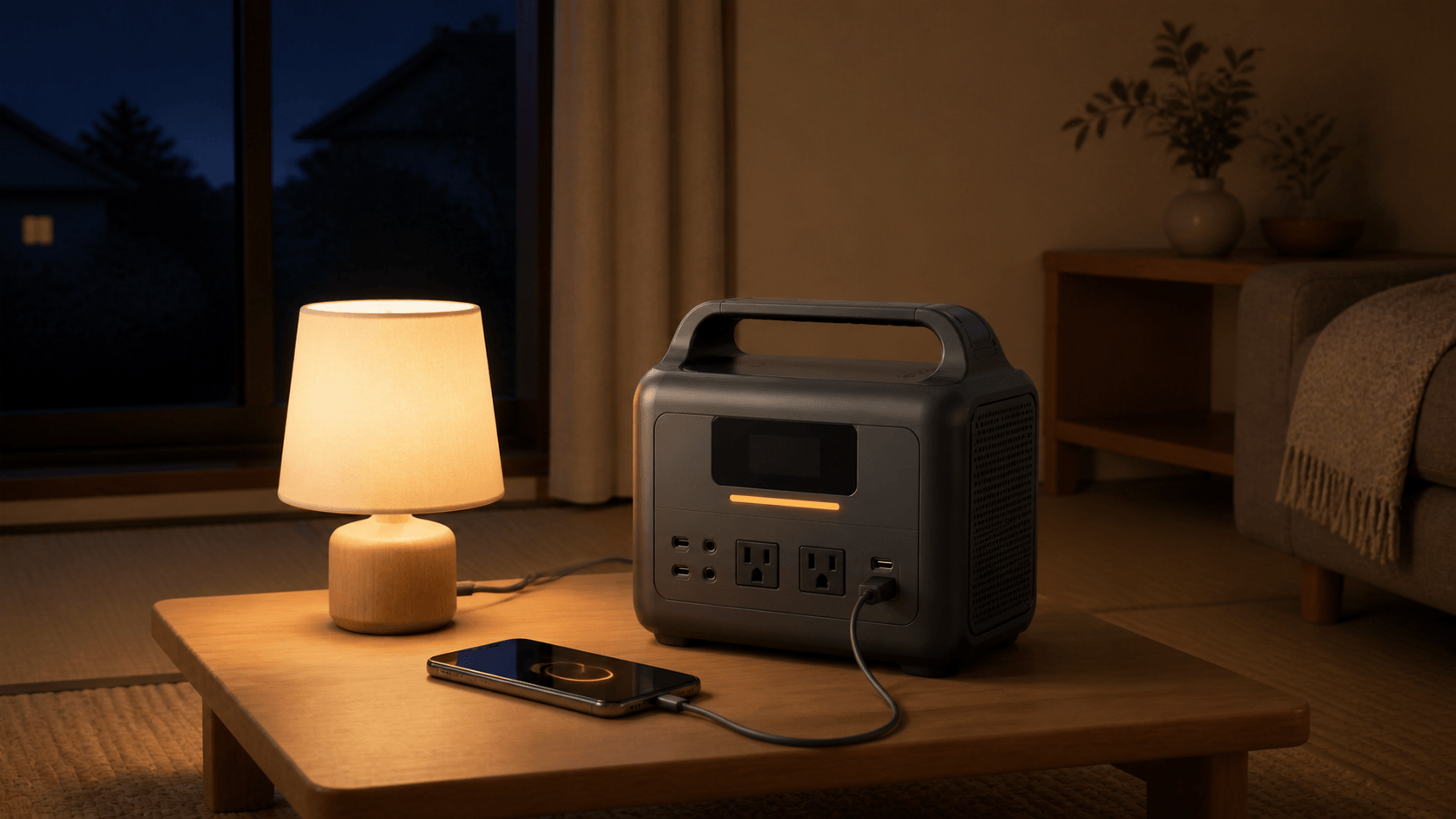 停電時に照明とスマートフォンをポータブル電源で充電している夜の室内シーン