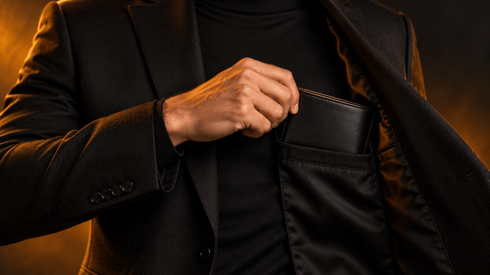 サンローランのような黒い革の二つ折り財布を、ジャケットの内ポケットから取り出す男性
