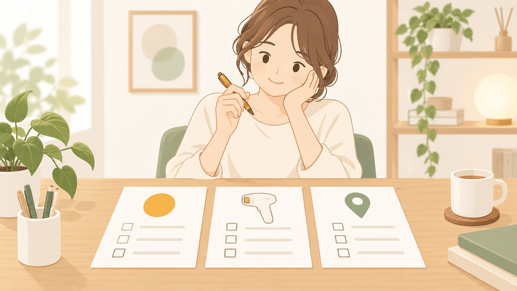 脱毛サロンを選ぶときの料金・脱毛方式・立地のチェックポイントを比較する女性のイラスト