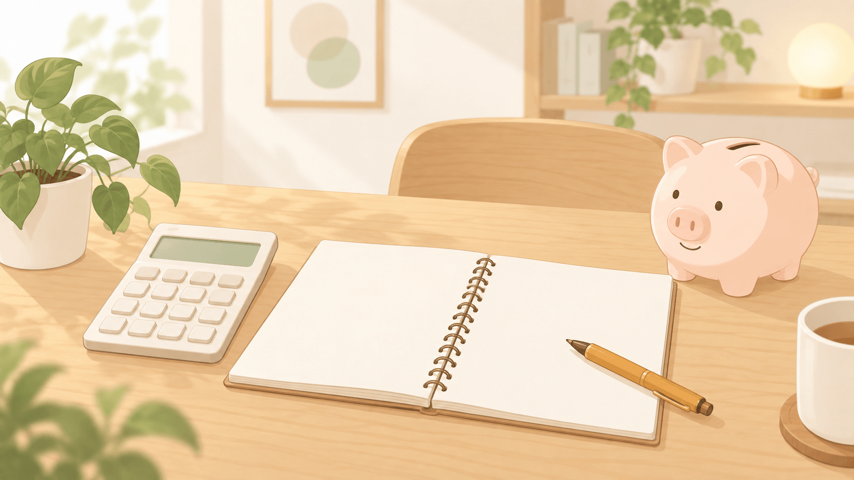 電卓とノート、貯金箱が置かれた費用計画のイラスト