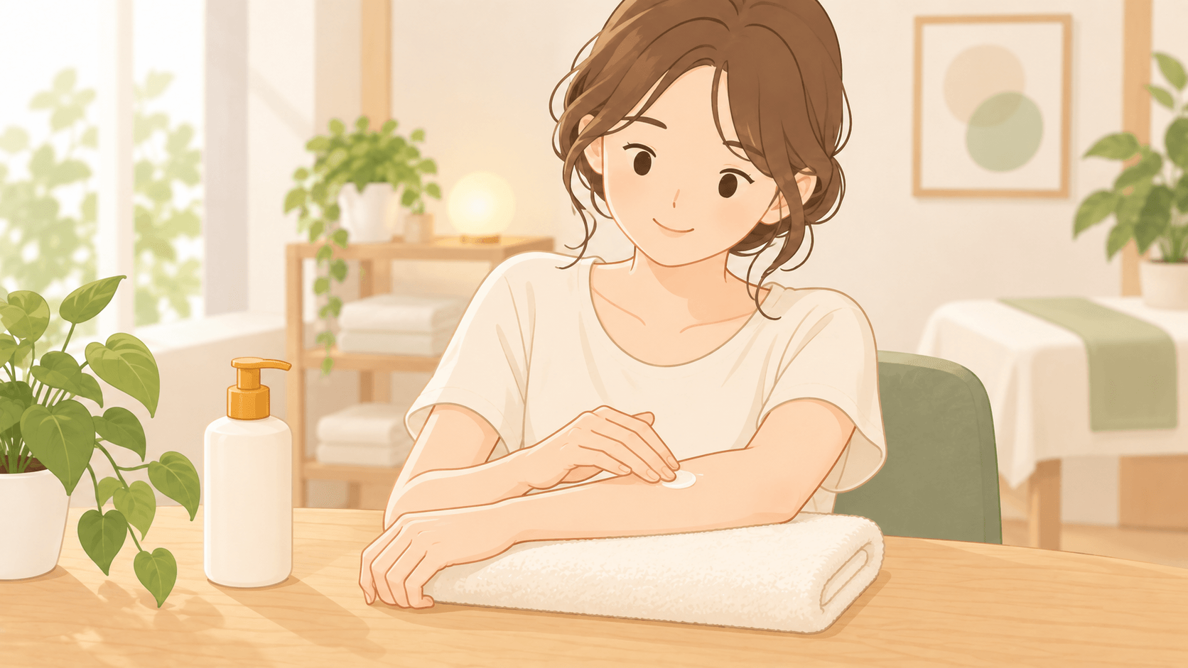 タオルの上でスキンケアを行う敏感肌ケアのイラスト