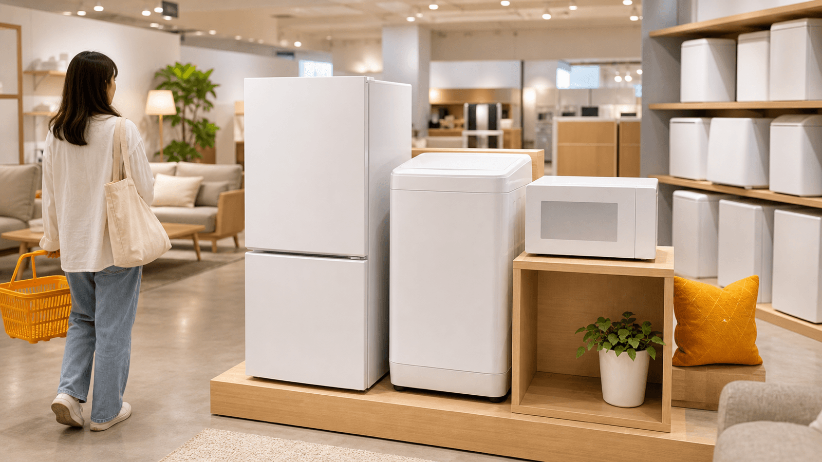 家電量販店で新生活向けの家電セットを選ぶイメージ