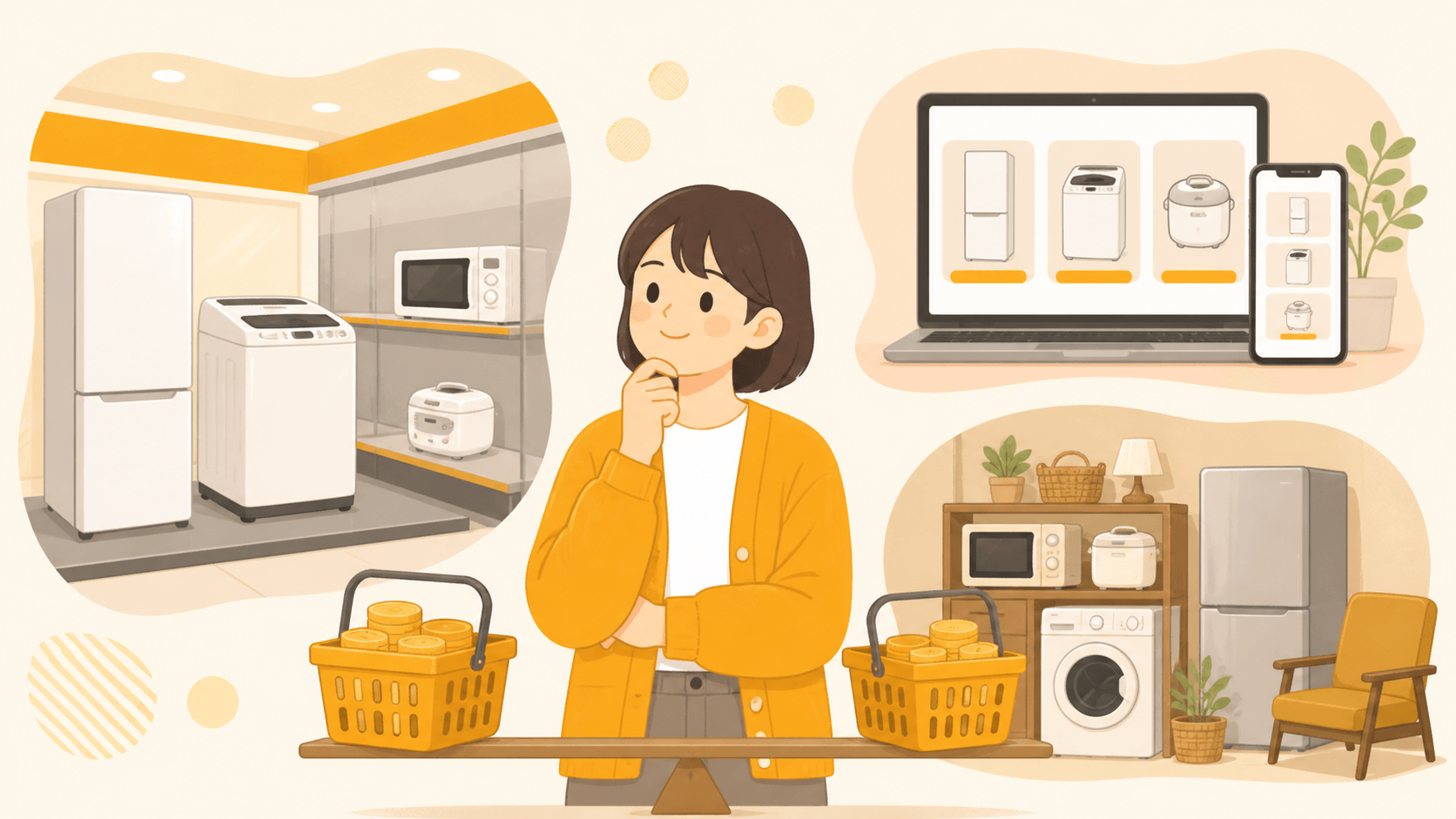 家電の購入先を比較検討するイメージ