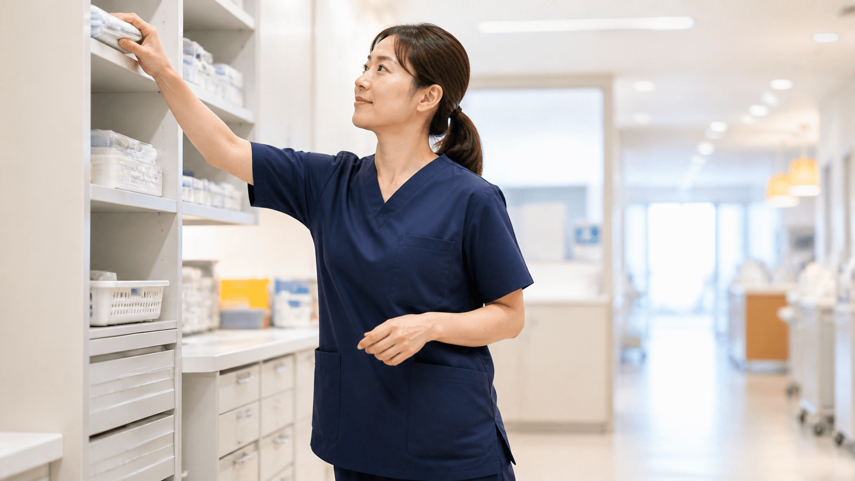 ストレッチ性のある医療スクラブを着て動く看護師