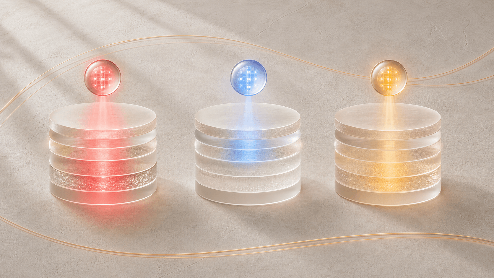 LEDマスクの光の色（赤・青・黄）と肌への働きの違いを示すイメージ