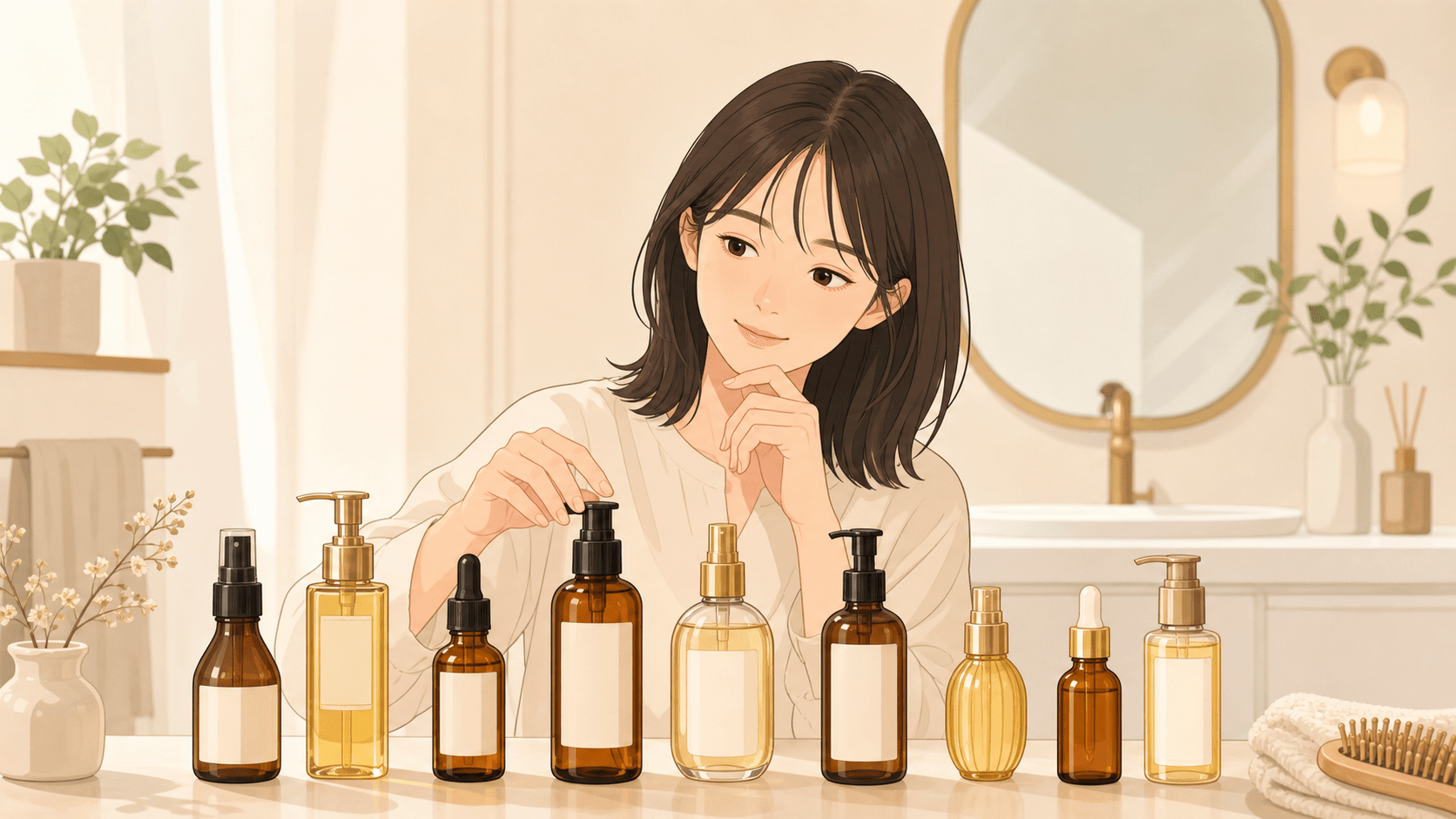 選び方に迷いさまざまなエルジューダのボトルを見比べる女性のイメージ