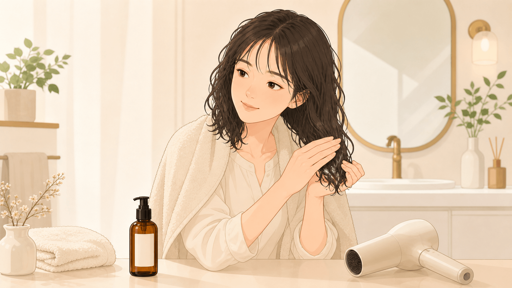 タオルドライしたくせ毛の毛先にエルジューダをなじませる女性のイメージ