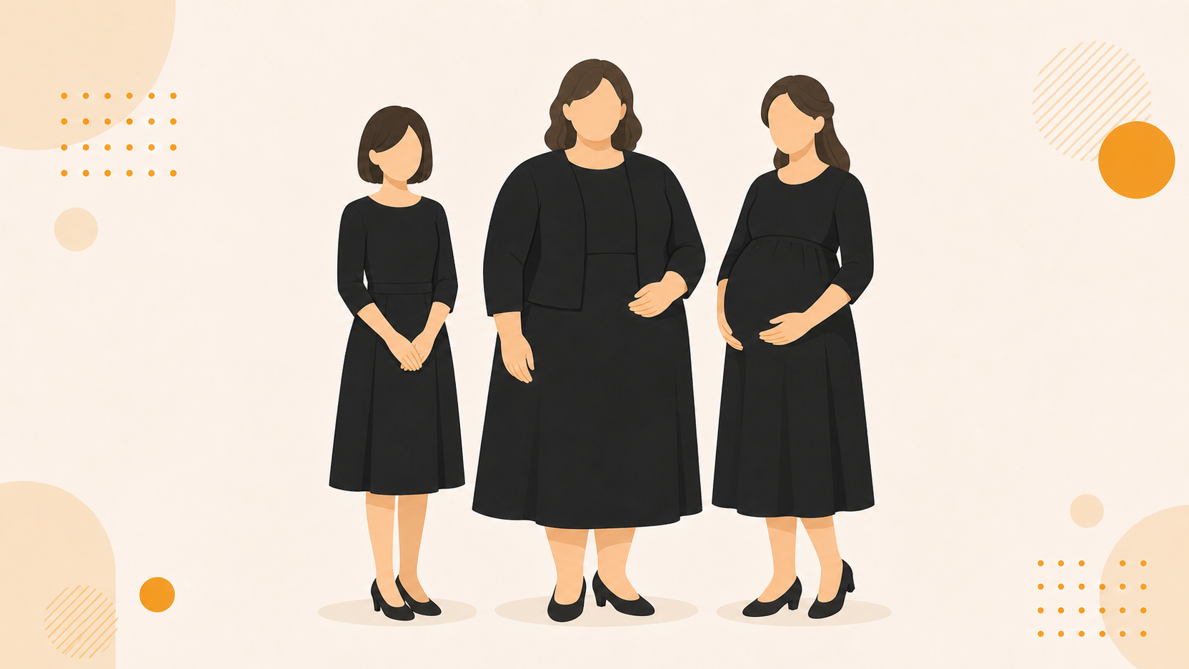 体型の異なる3人が喪服を着ている様子を示したイラスト