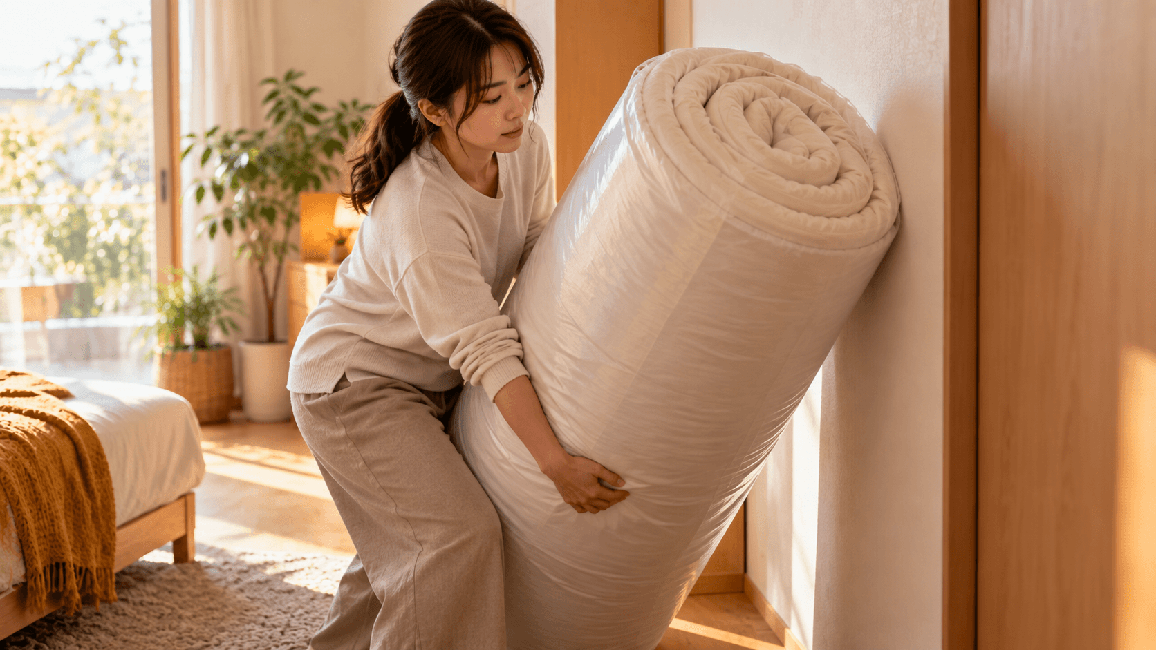 圧縮梱包されたロール状のマットレスを運ぶ様子