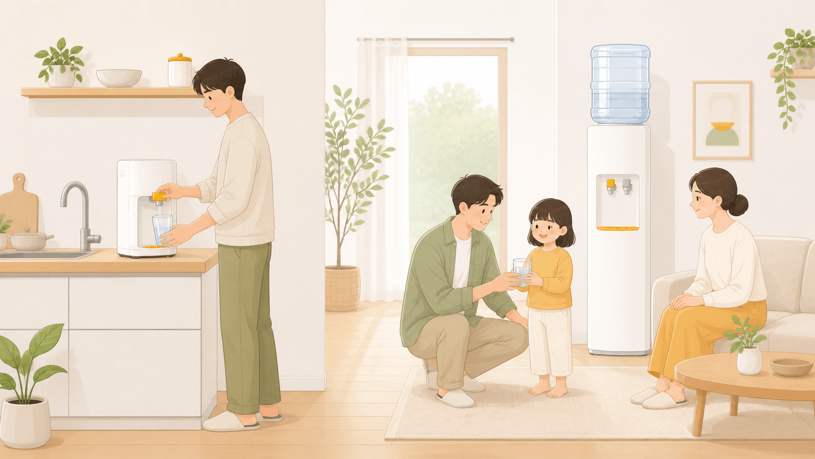 一人暮らしとファミリーそれぞれのウォーターサーバー利用シーン
