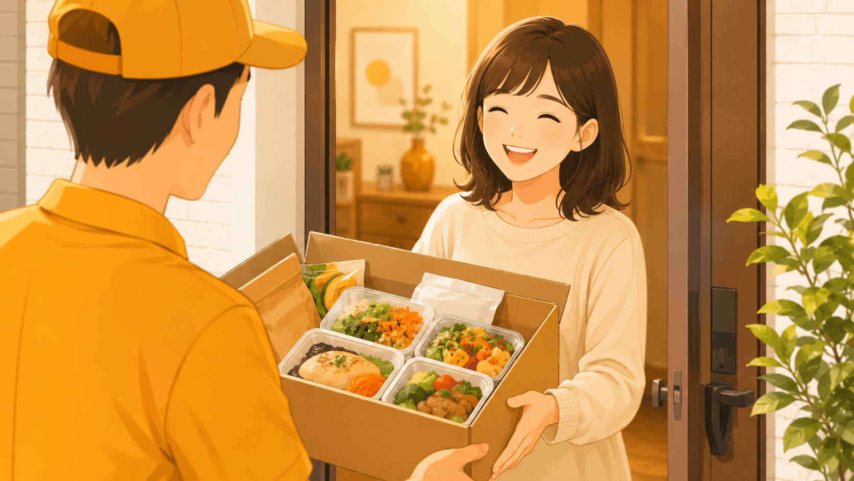 宅配弁当を受け取るシーン