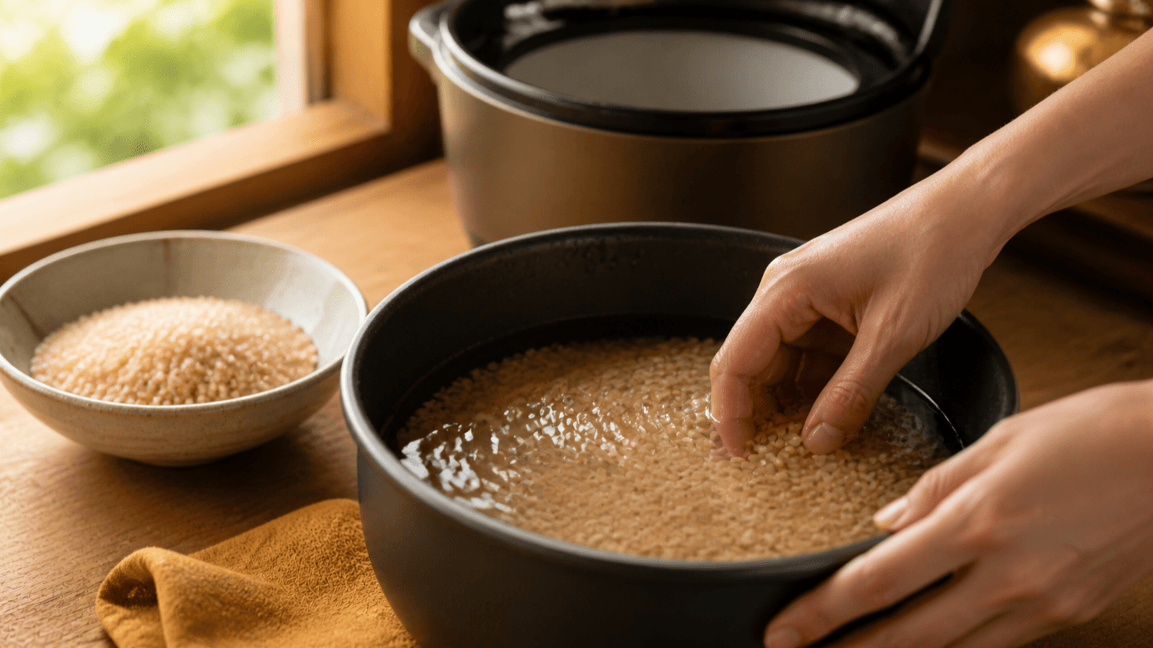 玄米を炊飯器で浸水させている様子。左側のお椀に乾いた玄米、手前の釜で水に浸した玄米を確認している