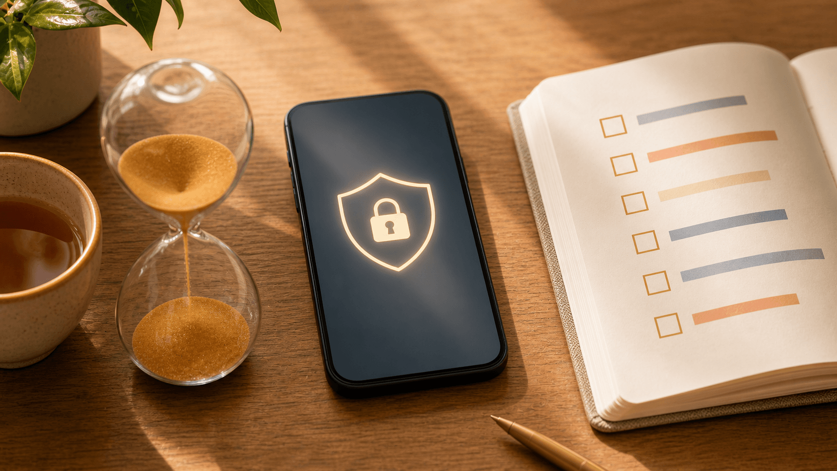 懸賞サイト利用の時間対効果と個人情報保護をイメージした砂時計とスマートフォンのイラスト