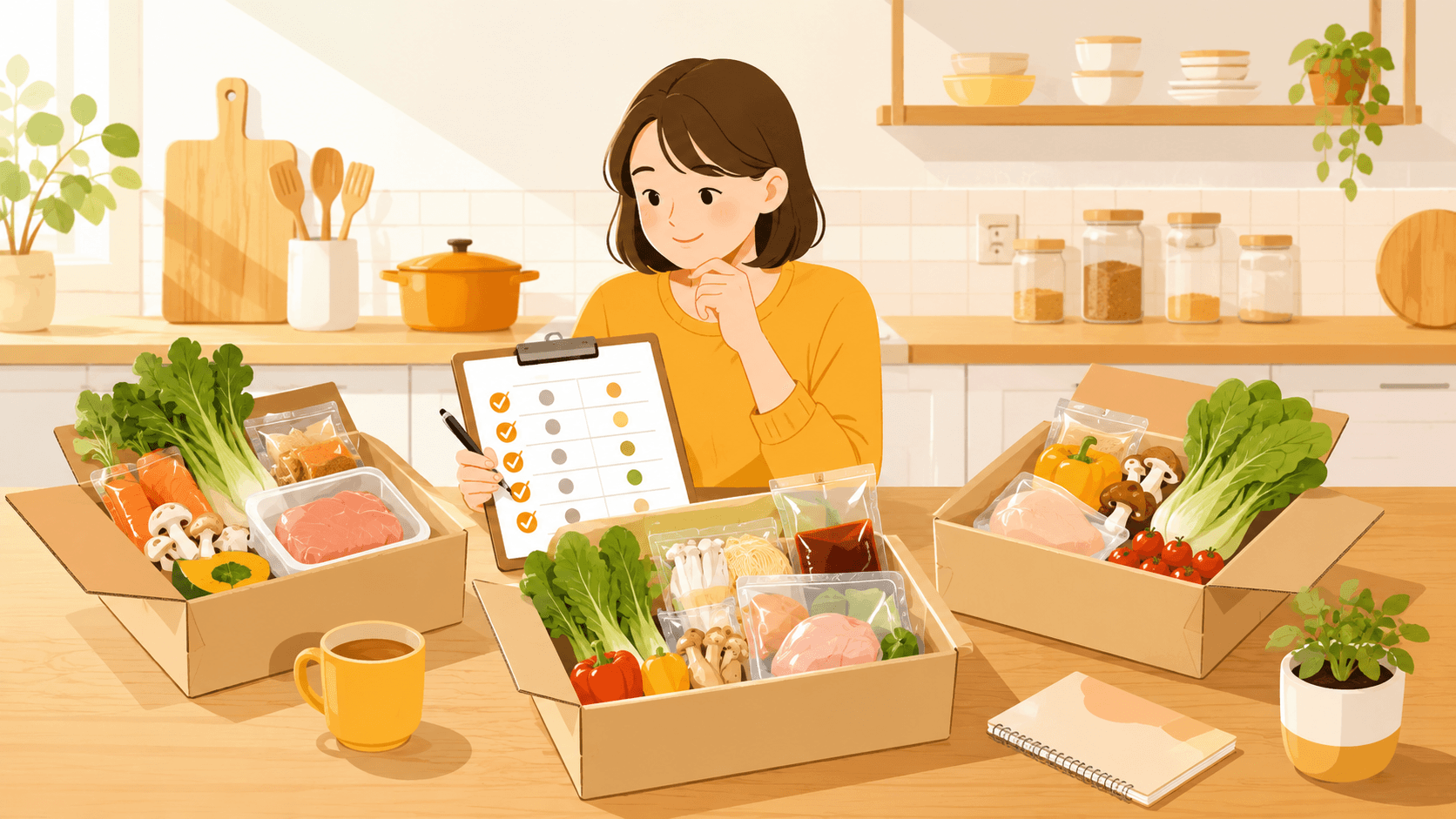 献立表とミールキットの食材を比較検討する様子