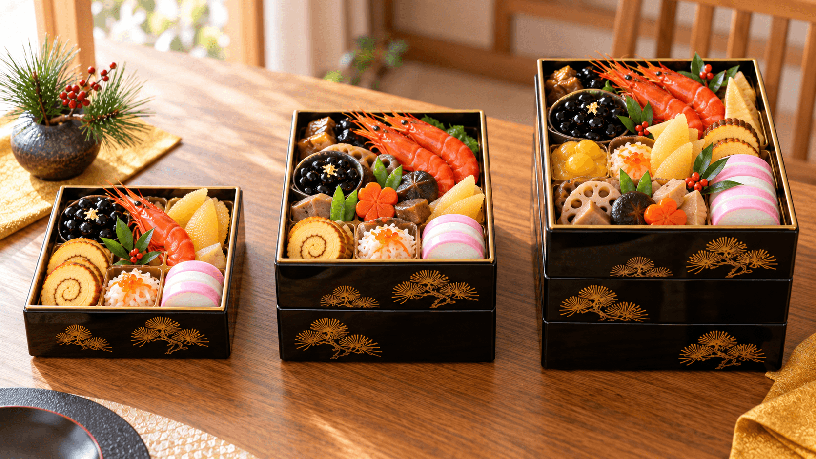 大きさの異なる3つのおせち重箱が並ぶテーブル