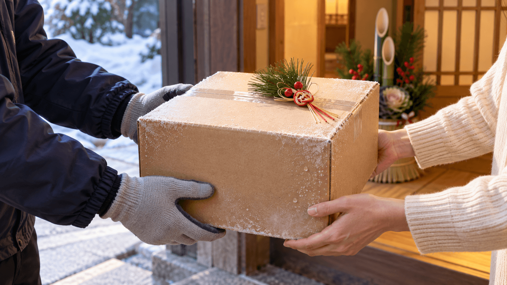 雪の玄関先でおせちの配達箱を受け取る手元