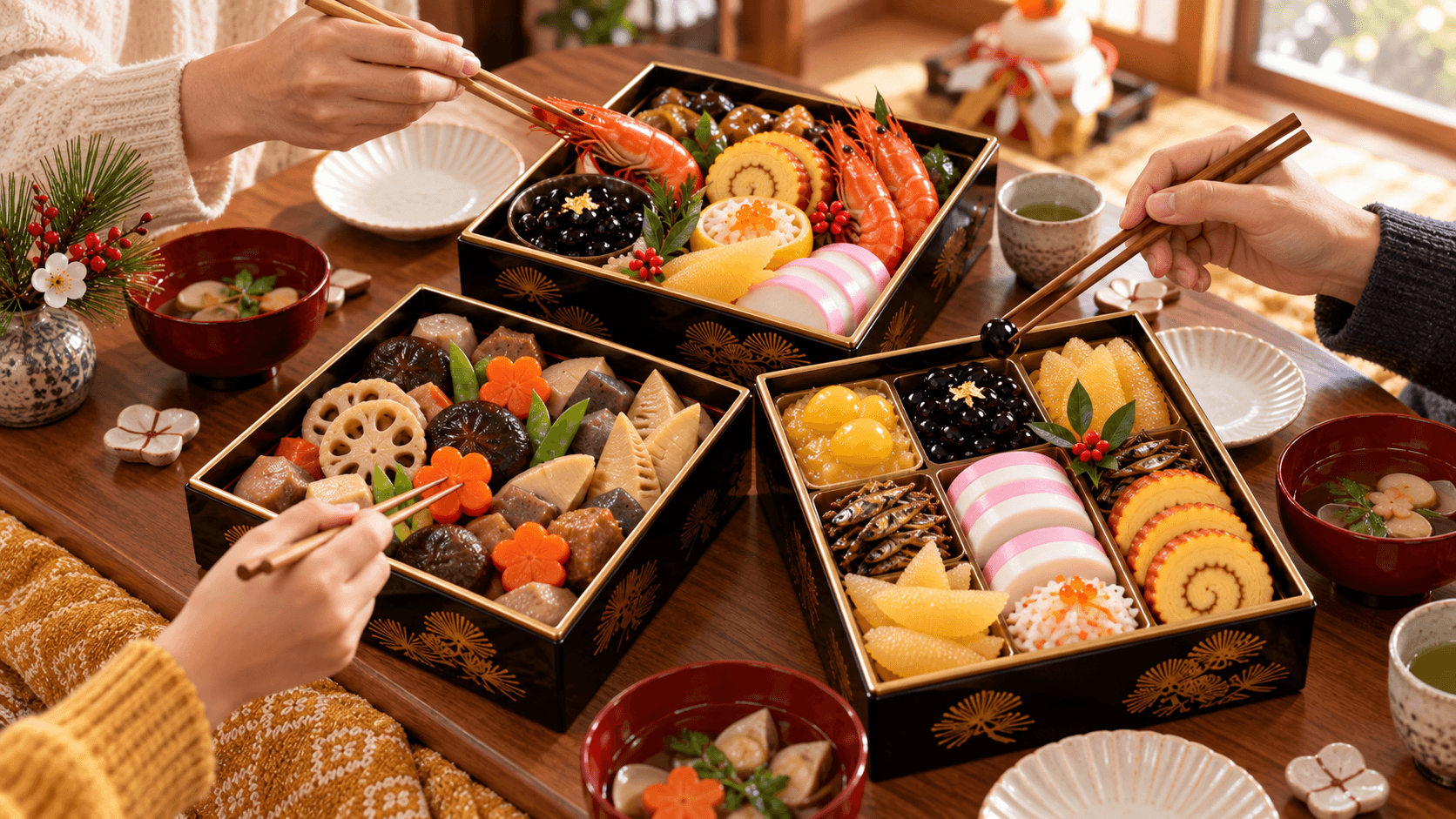 家族が重箱のおせちを囲んで食事を楽しむ様子