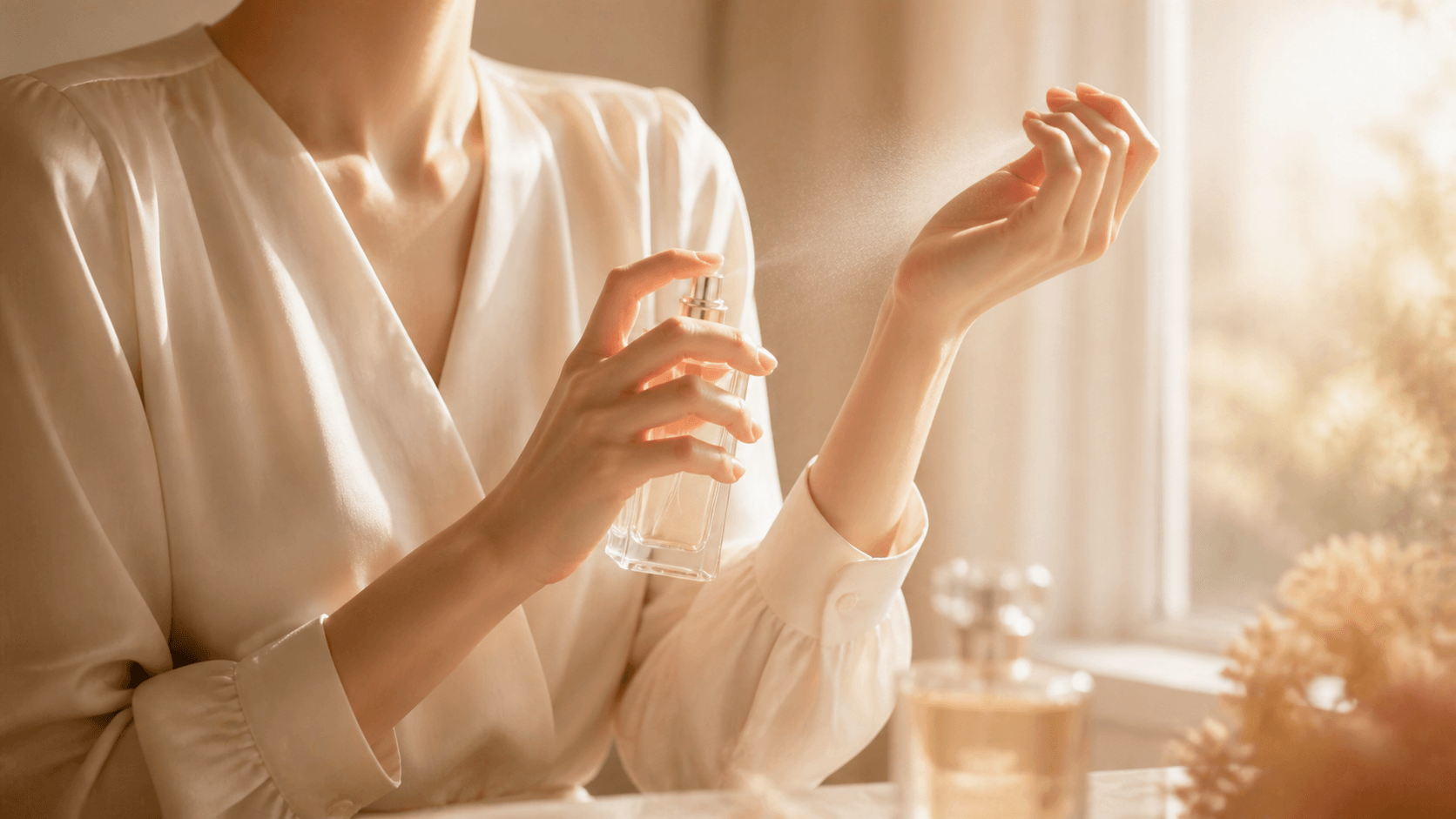 窓辺の柔らかな光の中で香水を手首につける様子