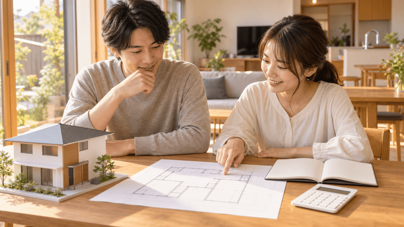 注文住宅の総額の内訳を家の模型と間取り図を見ながら確認する夫婦