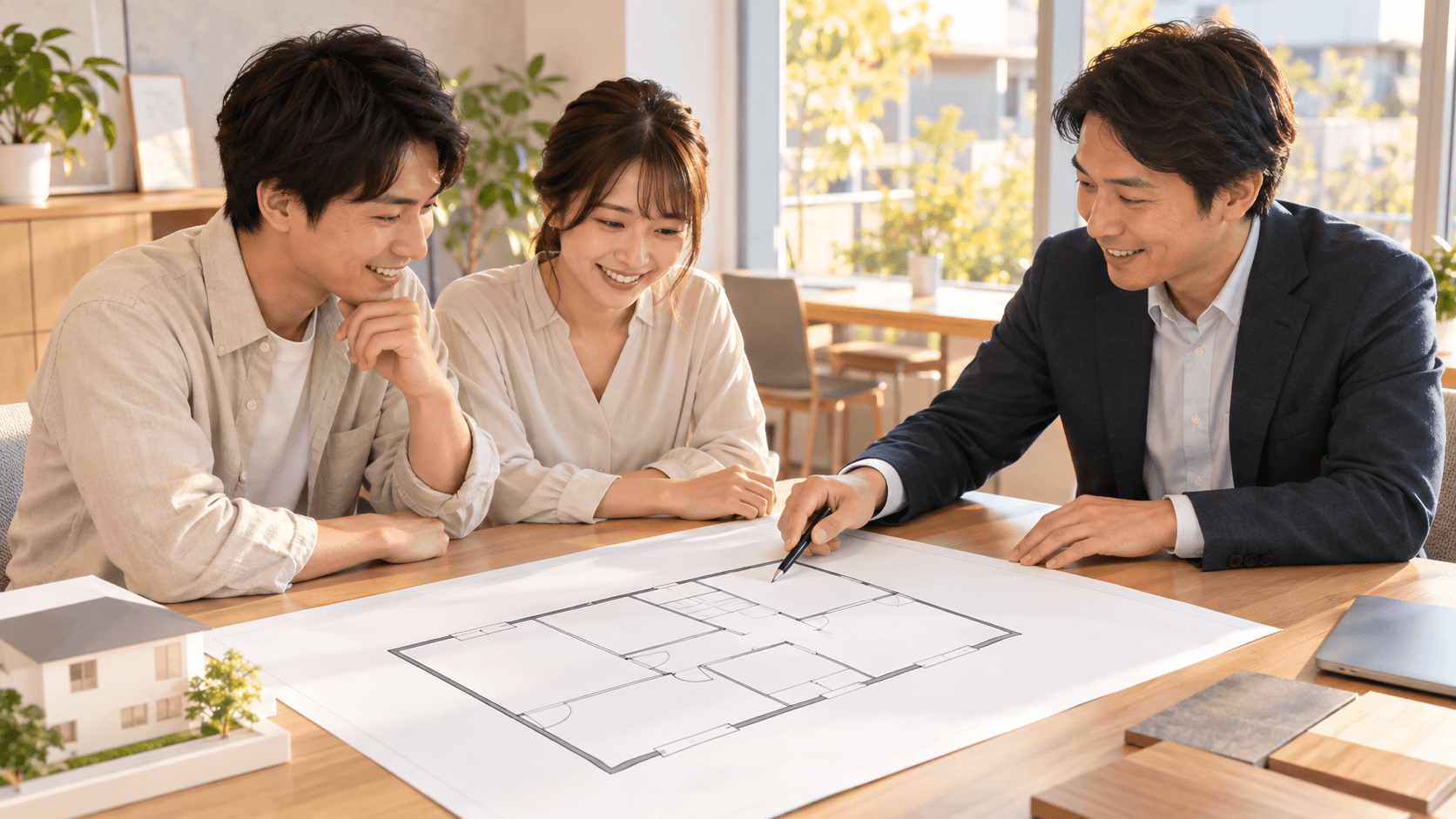 シンプルな間取り図を建築士と夫婦が一緒に確認している様子