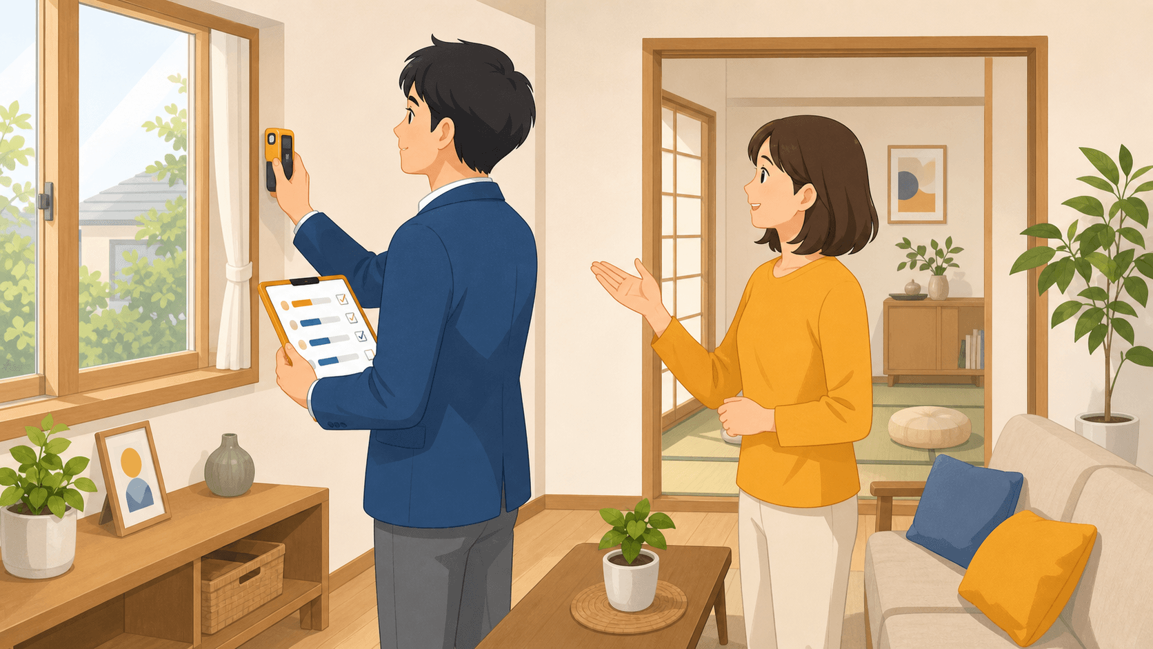 不動産会社の担当者が自宅を訪問して査定を行っている様子