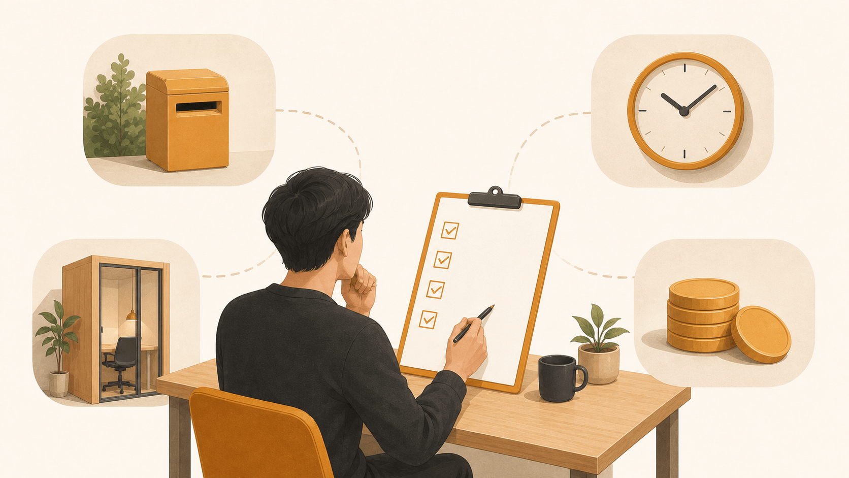 チェックリストを確認しながらレンタルオフィス選びのポイントを検討する人のイラスト