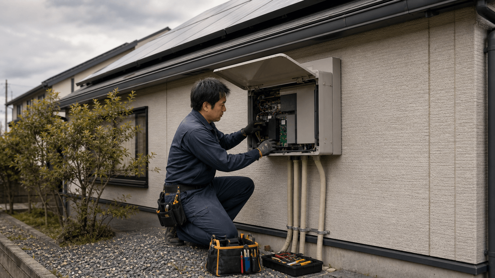 パワーコンディショナのメンテナンス・交換作業をする技術者