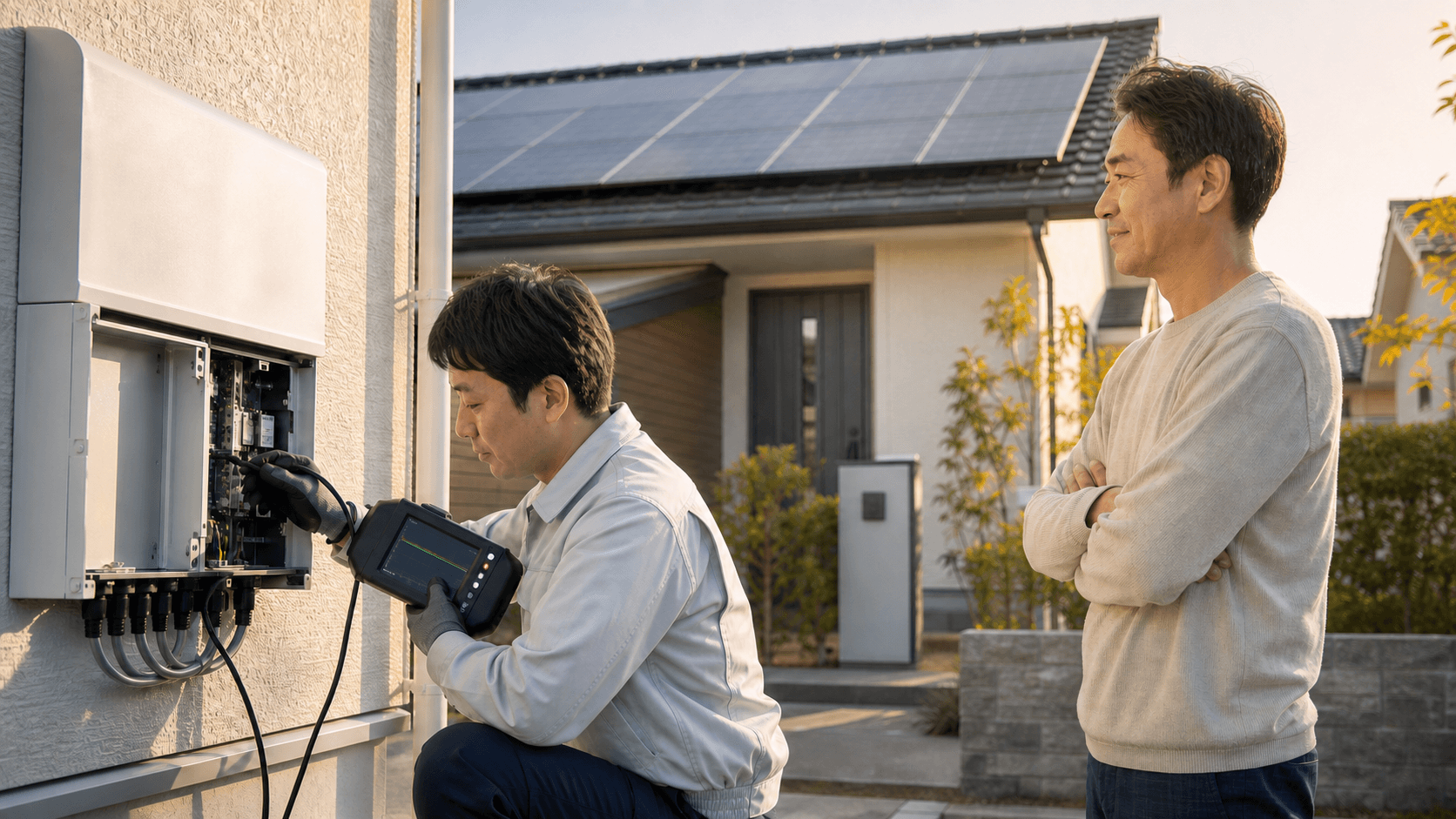 住宅の壁に設置されたパワーコンディショナを点検する技術者と見守る住人