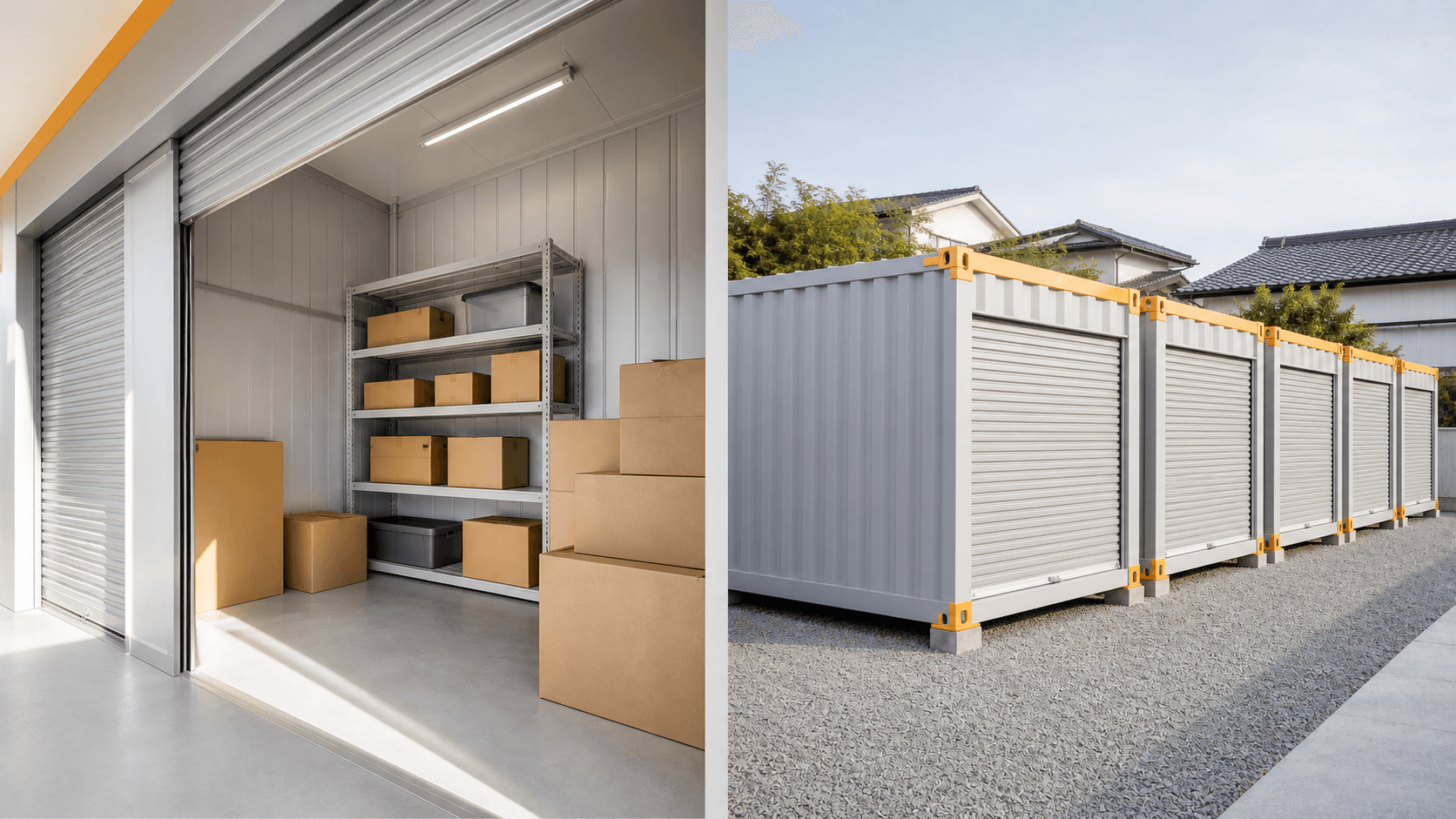 屋内型トランクルームの棚に積まれた段ボールと、屋外に並ぶコンテナ型トランクルームを並べたイメージ