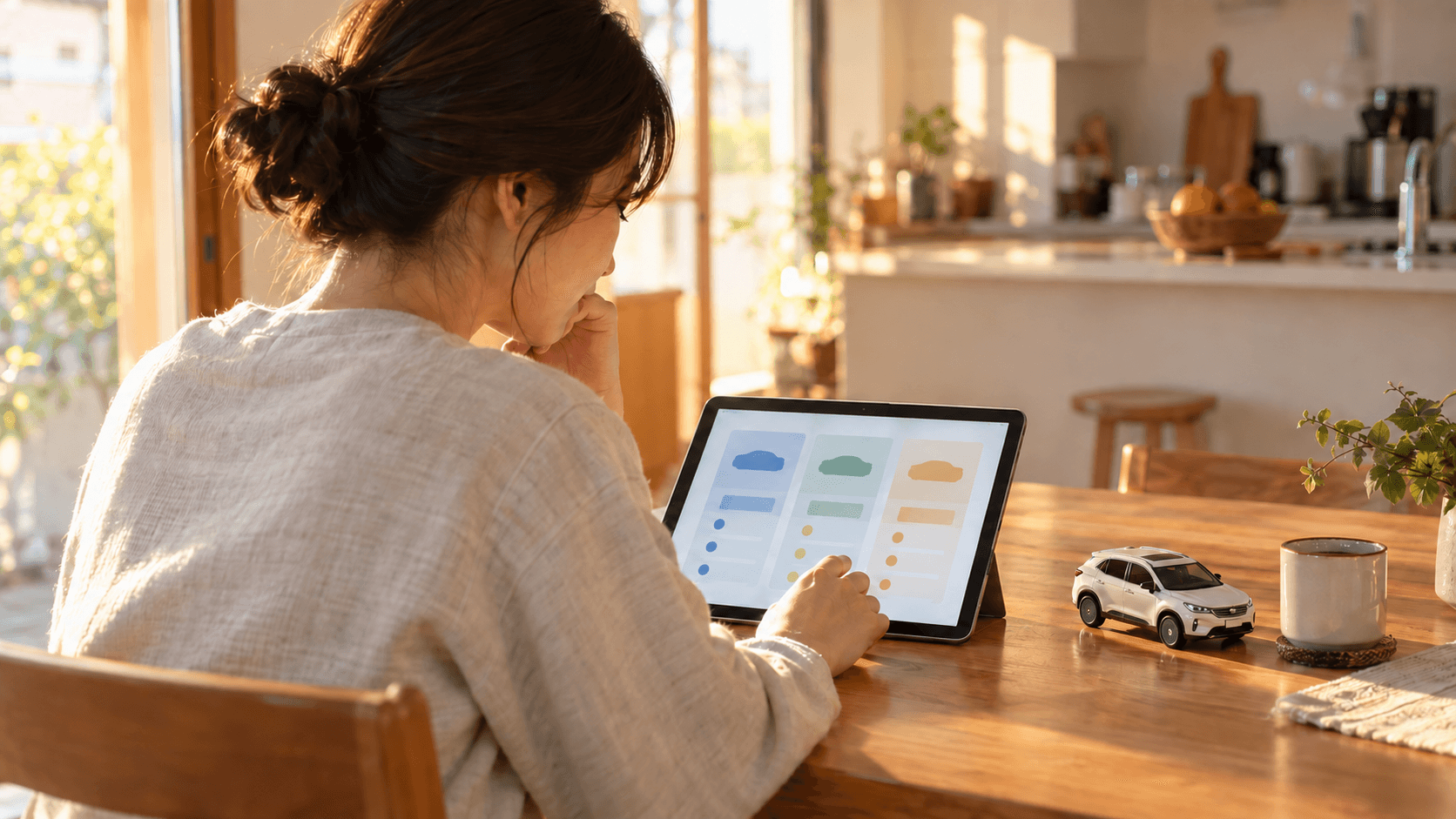 タブレットでカーリースのプランを比較検討する女性
