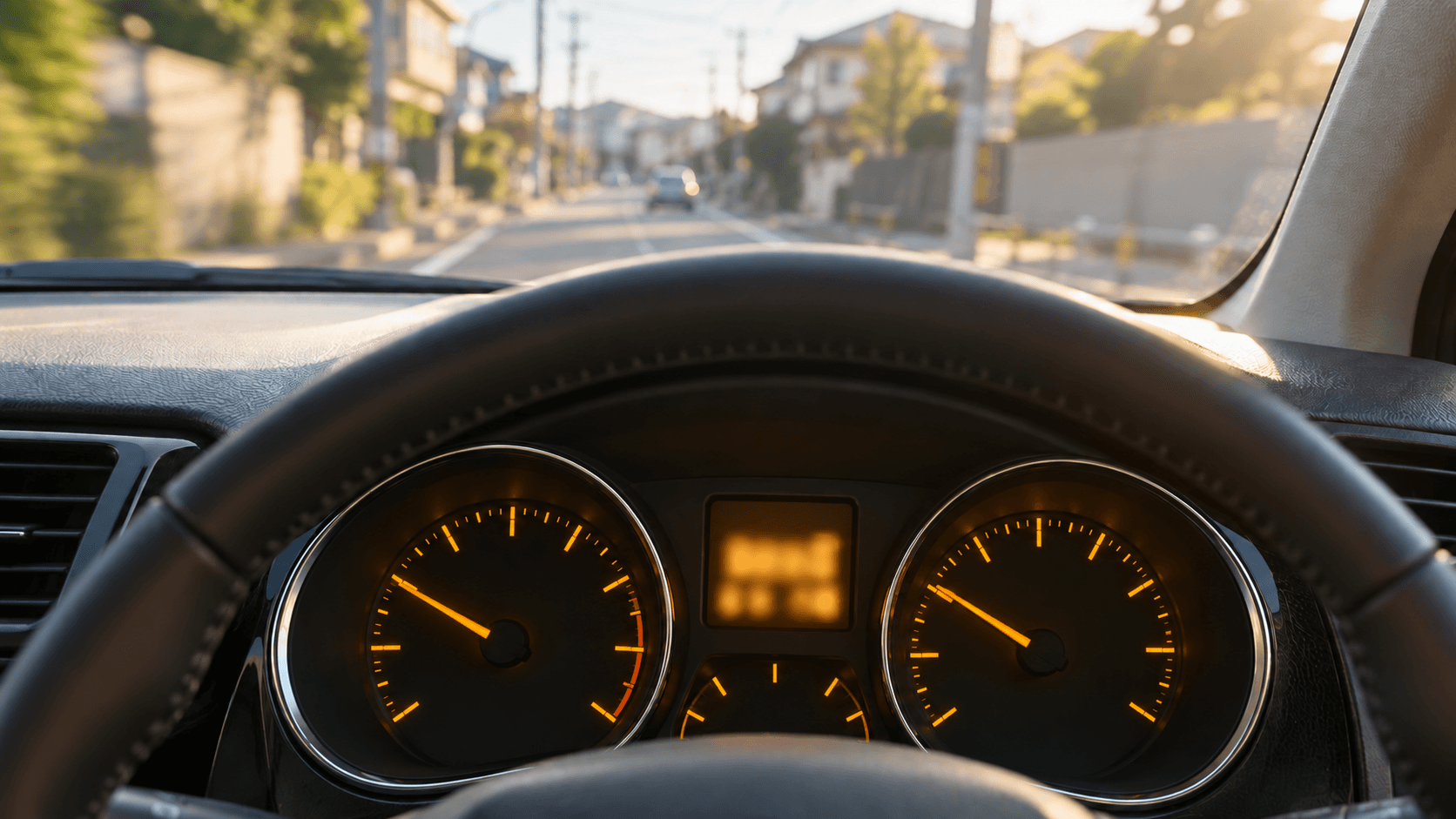 運転中の車のダッシュボードに表示された走行メーター