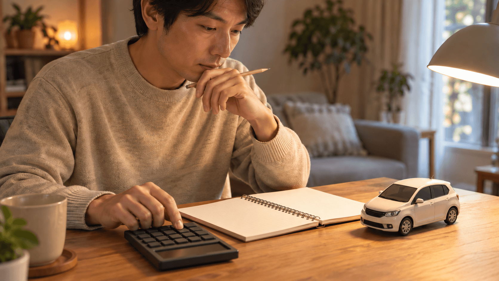 電卓とノートで月々の車の費用を計算する男性