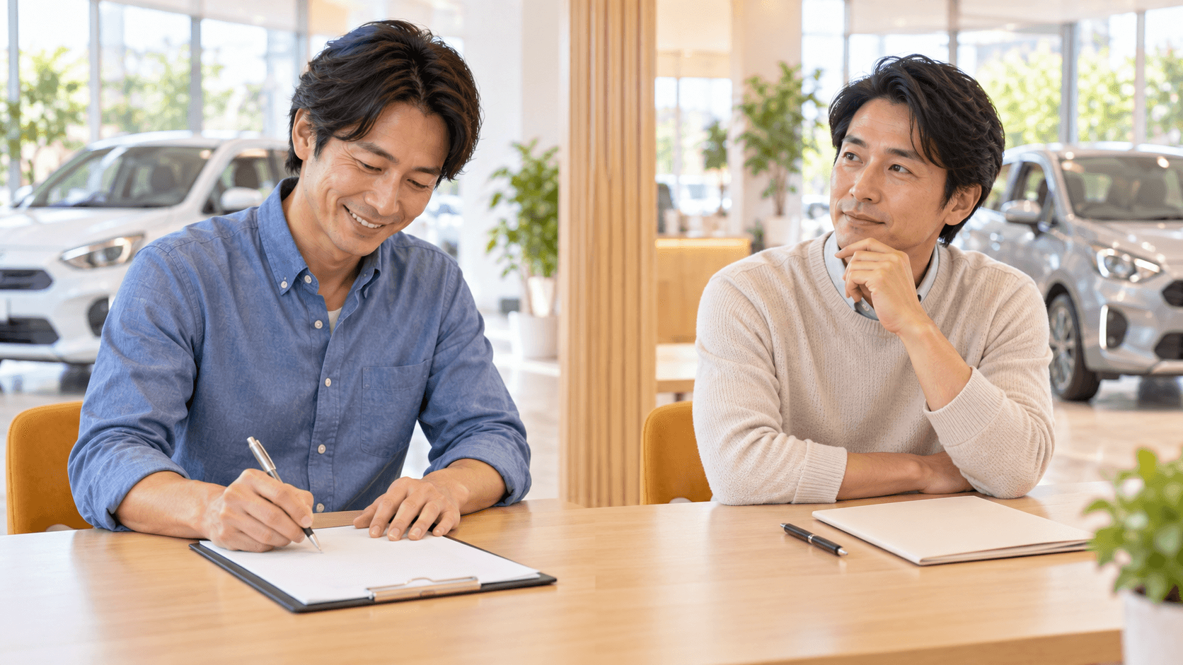 カーディーラーで審査通過後に契約書にサインする利用者のイメージ